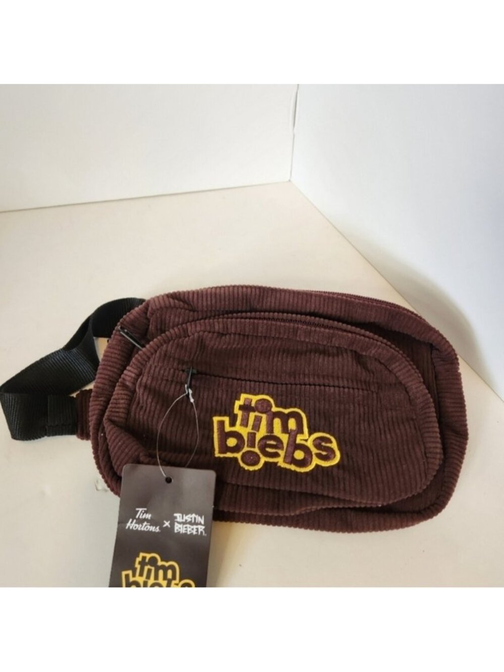TimBiebs X Justin Bieber Tim Hortons Logo Fanny Pack NEW NWT 2021 Brown Corduroy - Picture 2 of 6